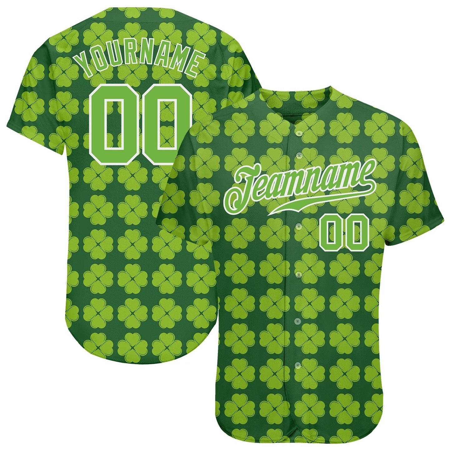 Custom Kelly Green Neon Green-White 3D Pattern Design Authentic St. Patrick's Day Baseball Jersey baseball jersey product view 1