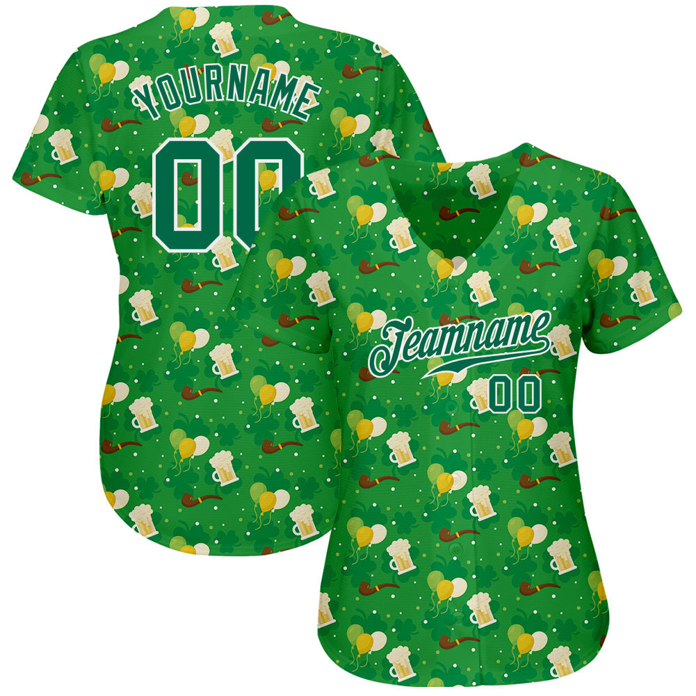 Custom Kelly Green Kelly Green-White 3D Pattern Design Authentic St. Patrick's Day Baseball Jersey baseball jersey product view 2