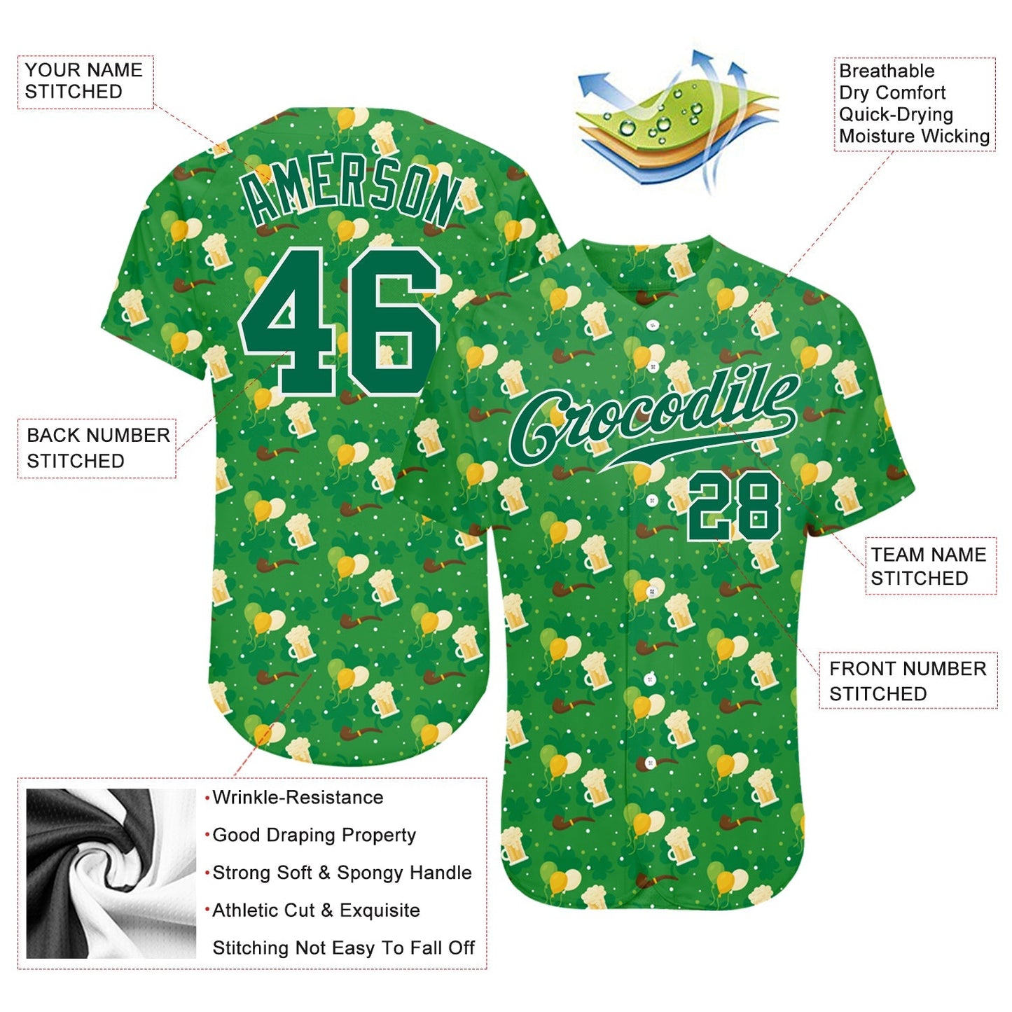 Custom Kelly Green Kelly Green-White 3D Pattern Design Authentic St. Patrick's Day Baseball Jersey baseball jersey product view 3