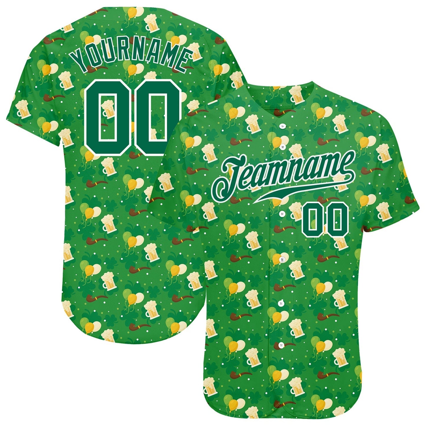 Custom Kelly Green Kelly Green-White 3D Pattern Design Authentic St. Patrick's Day Baseball Jersey baseball jersey product view 1