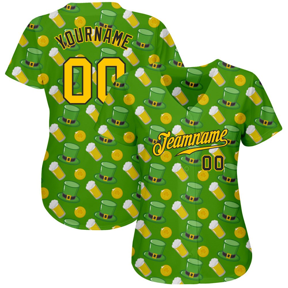 Custom Kelly Green Gold-Black 3D Pattern Design Authentic St. Patrick's Day Baseball Jersey baseball jersey product view 2