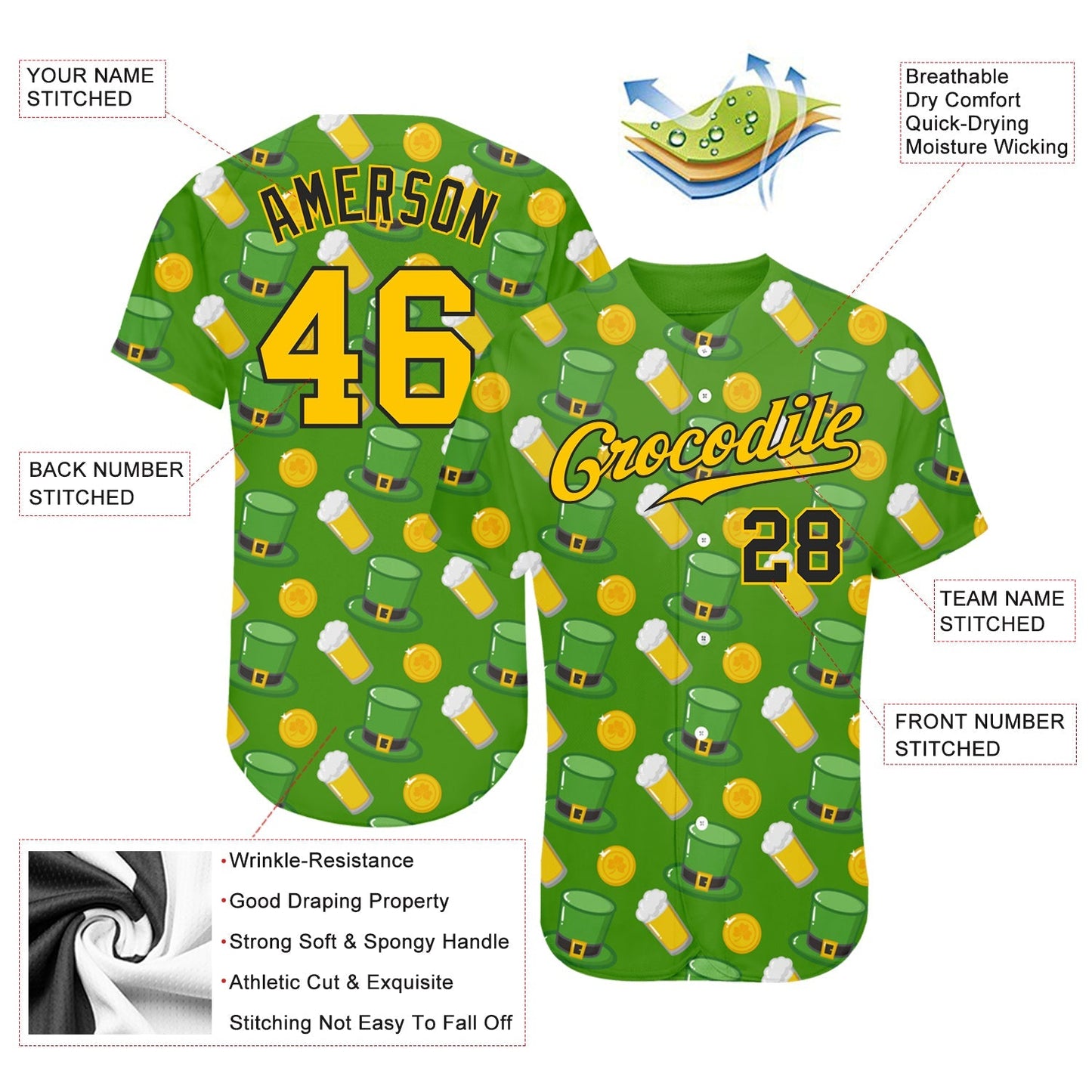 Custom Kelly Green Gold-Black 3D Pattern Design Authentic St. Patrick's Day Baseball Jersey baseball jersey product view 3