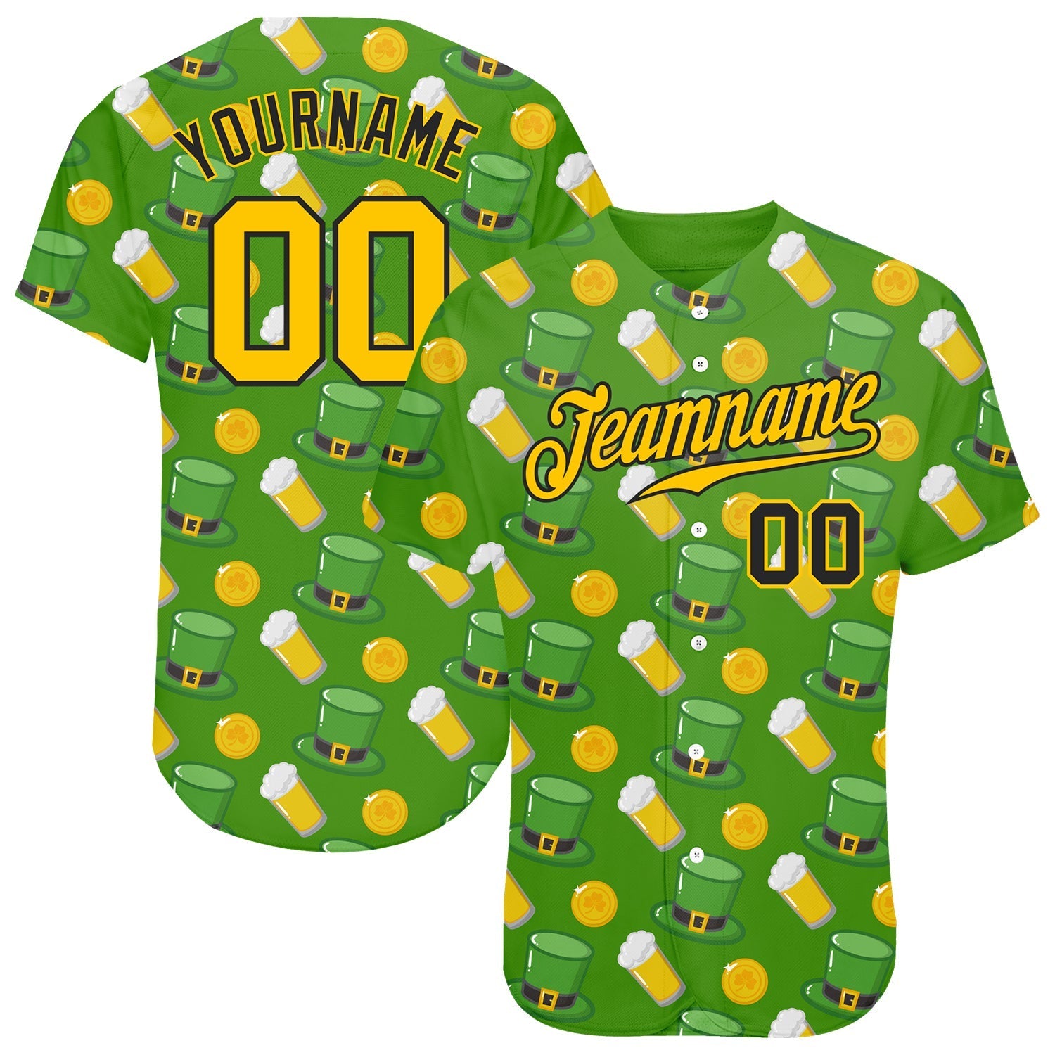 Custom Kelly Green Gold-Black 3D Pattern Design Authentic St. Patrick's Day Baseball Jersey baseball jersey product view 1