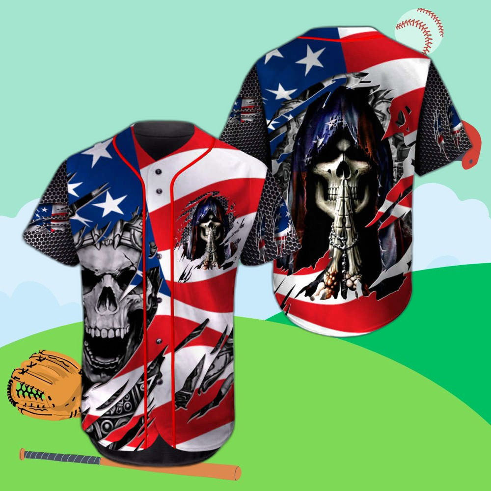 King Pray USA Flag Skull Baseball Jersey: Unique Stylish & Patriotic Apparel baseball jersey product view 1