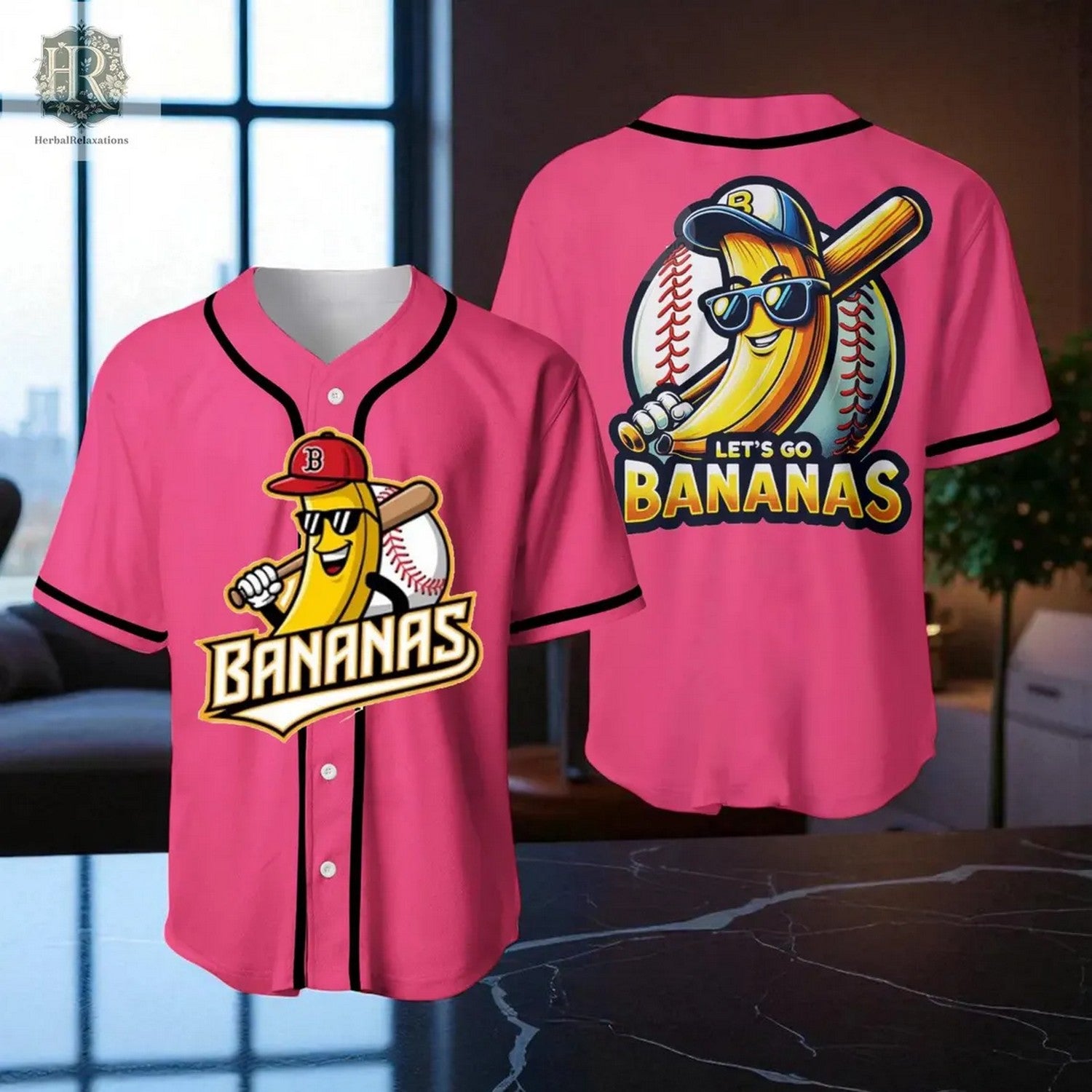 Let’s Go Banana Wearing Sunglasses Pink Baseball Jersey baseball jersey product view 1