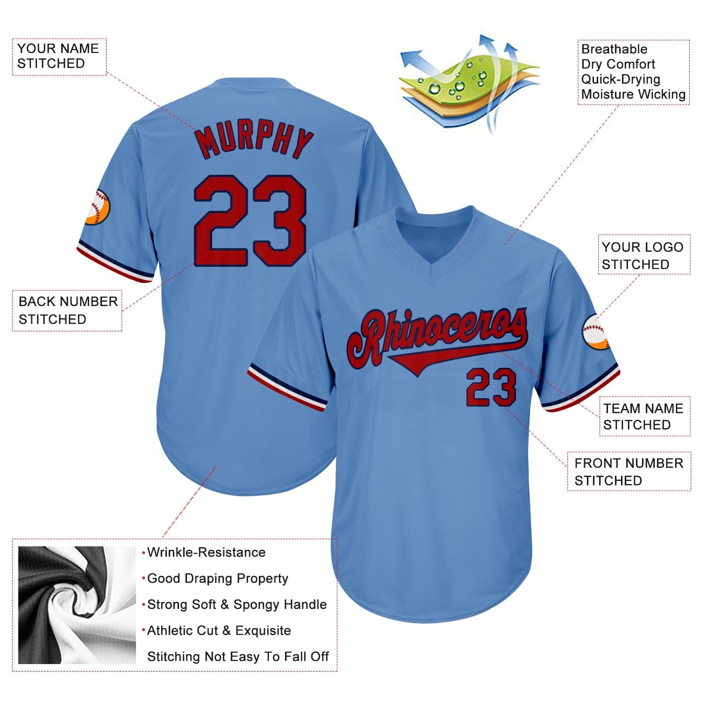 Custom Light Blue Red-Navy Authentic Throwback Rib-Knit Baseball Jersey Shirt baseball jersey product view 4