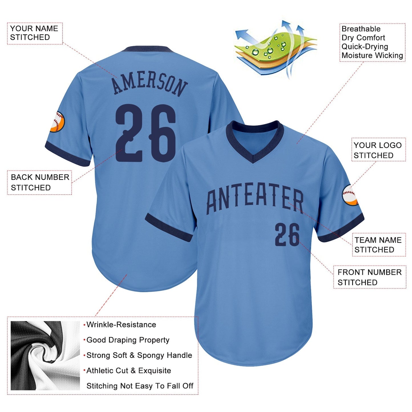 Custom Light Blue Navy Authentic Throwback Rib-Knit Baseball Jersey Shirt baseball jersey product view 4