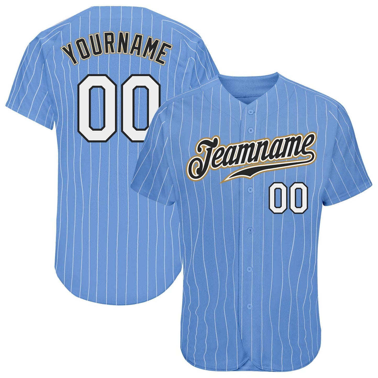 Custom Light Blue White Pinstripe White-Old Gold Authentic Baseball Jersey baseball jersey product view 1