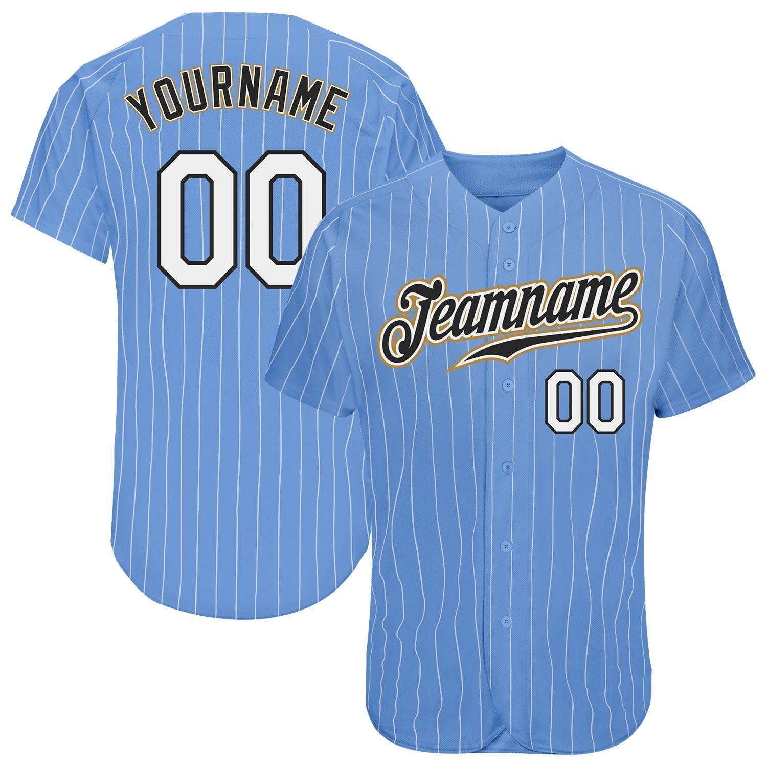 Custom Light Blue White Pinstripe White-Old Gold Authentic Baseball Jersey baseball jersey product view 1