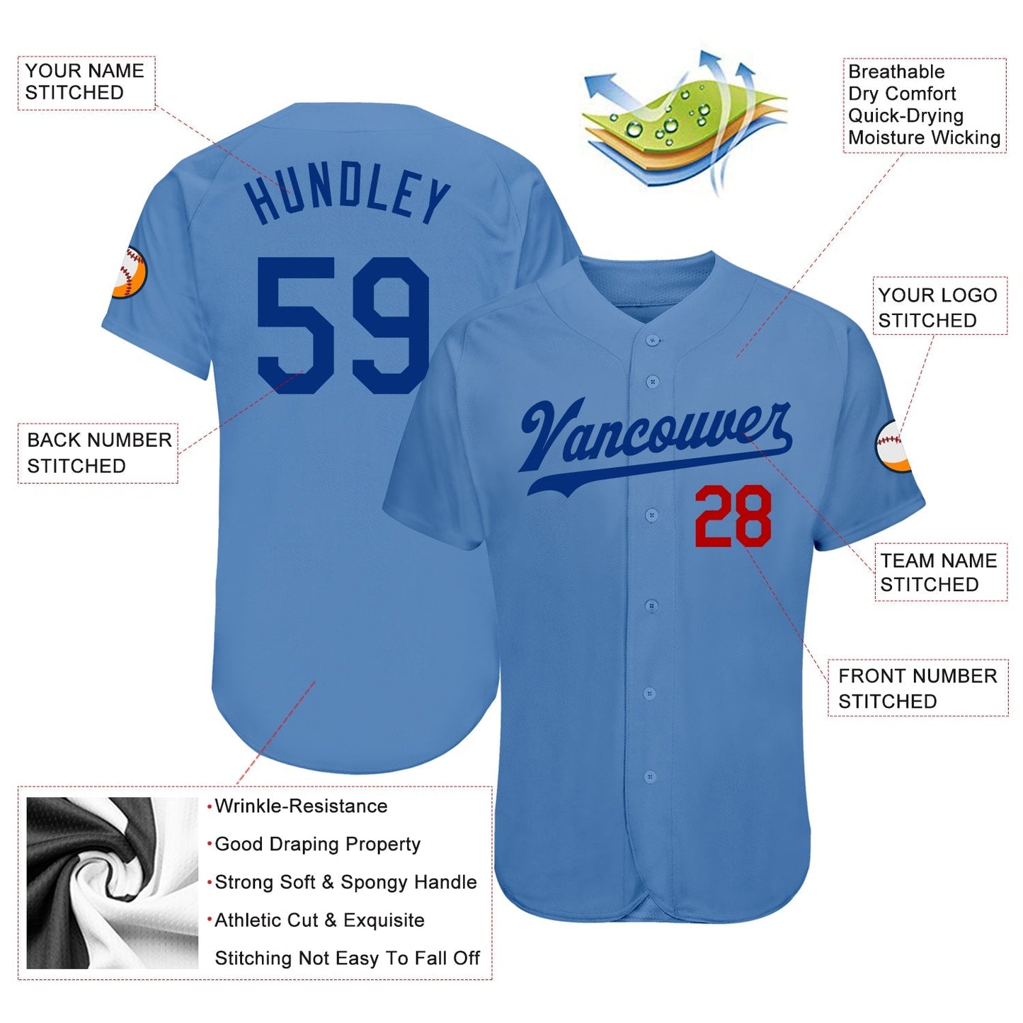 Custom Light Blue Royal-Red Authentic Baseball Jersey baseball jersey product view 3