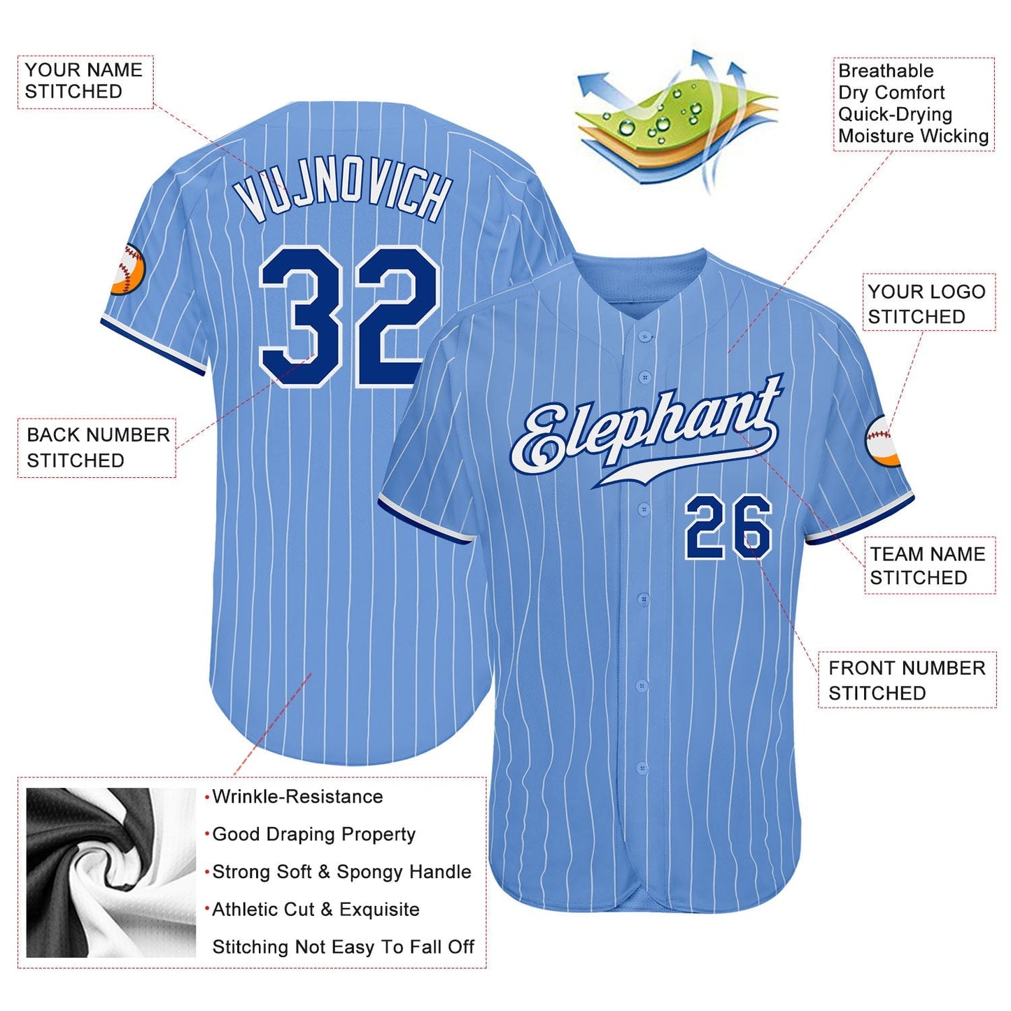 Custom Light Blue White Pinstripe Royal-White Authentic Baseball Jersey baseball jersey product view 3