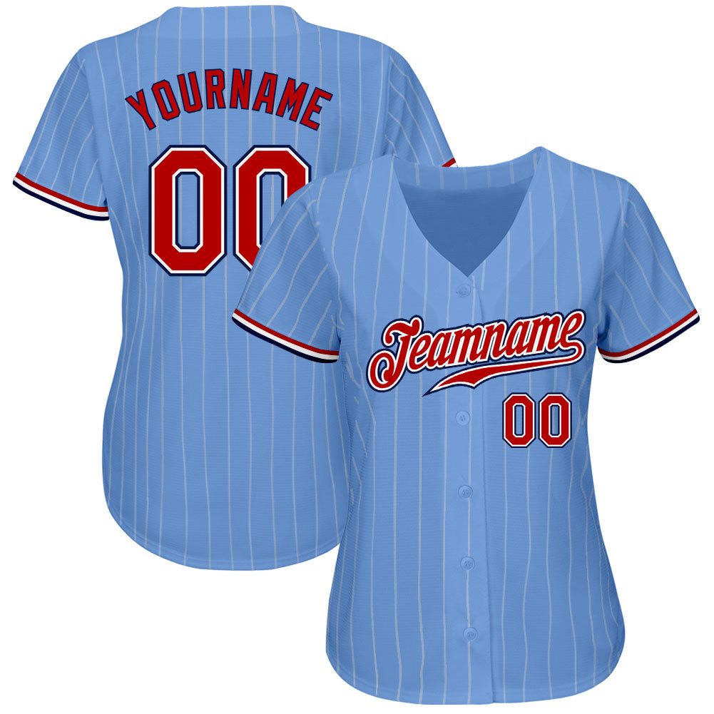 Custom Light Blue White Pinstripe Red-Navy Authentic Baseball Jersey baseball jersey product view 2