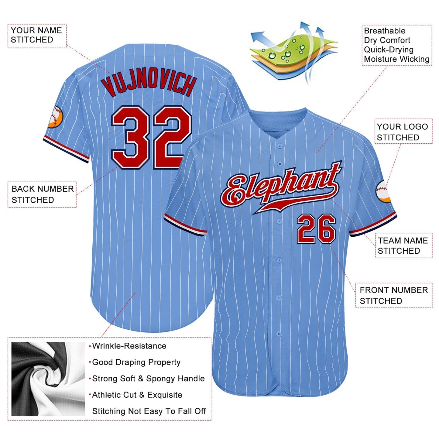 Custom Light Blue White Pinstripe Red-Navy Authentic Baseball Jersey baseball jersey product view 3