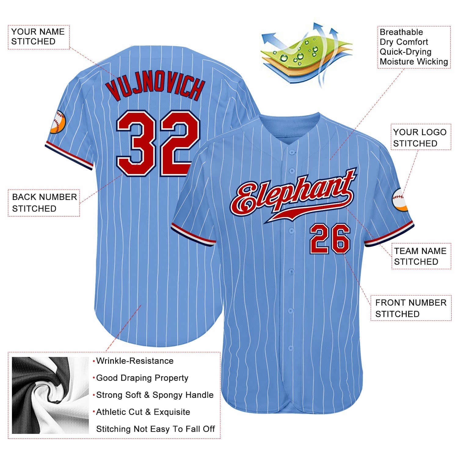 Custom Light Blue White Pinstripe Red-Navy Authentic Baseball Jersey baseball jersey product view 3