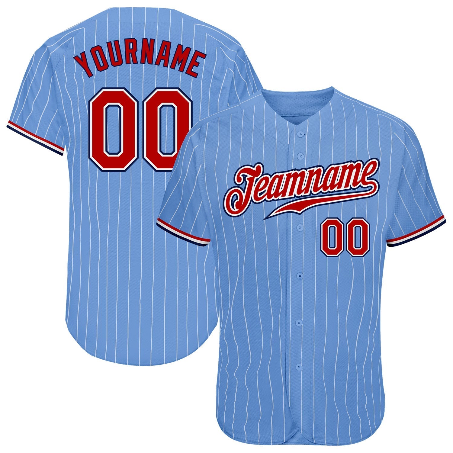 Custom Light Blue White Pinstripe Red-Navy Authentic Baseball Jersey baseball jersey product view 1