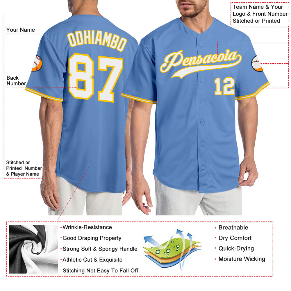 Custom Light Blue White-Gold Authentic Baseball Jersey baseball jersey product view 3