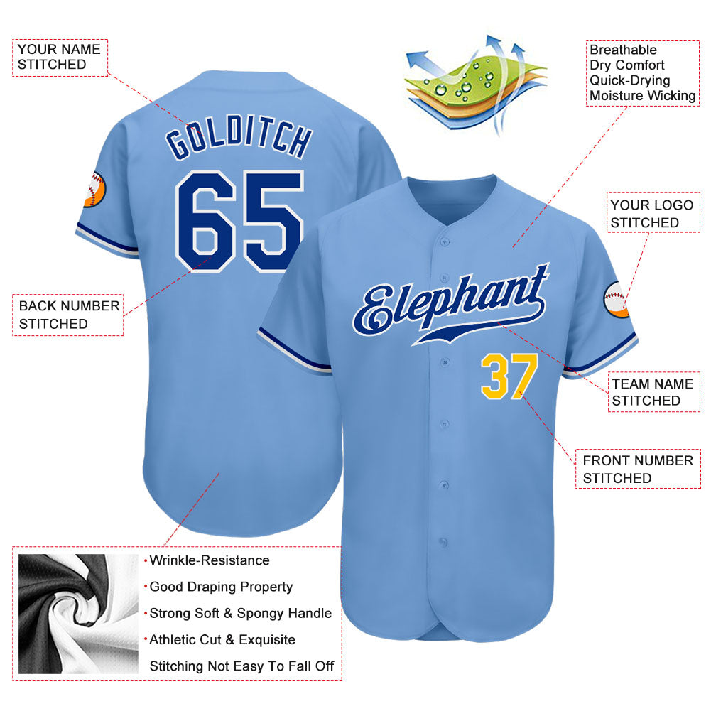 Custom Light Blue Royal-Gold Authentic Baseball Jersey baseball jersey product view 3