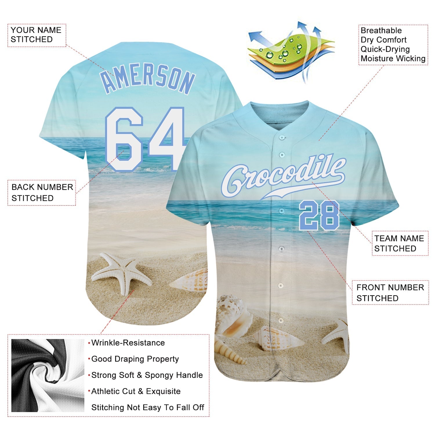 Custom Light Blue White-Light Blue 3D Pattern Design Beach Authentic Baseball Jersey baseball jersey product view 3