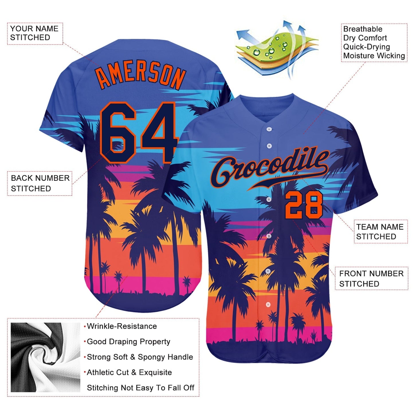 Custom Royal Navy-Orange 3D Pattern Design Palm Trees Authentic Baseball Jersey baseball jersey product view 3