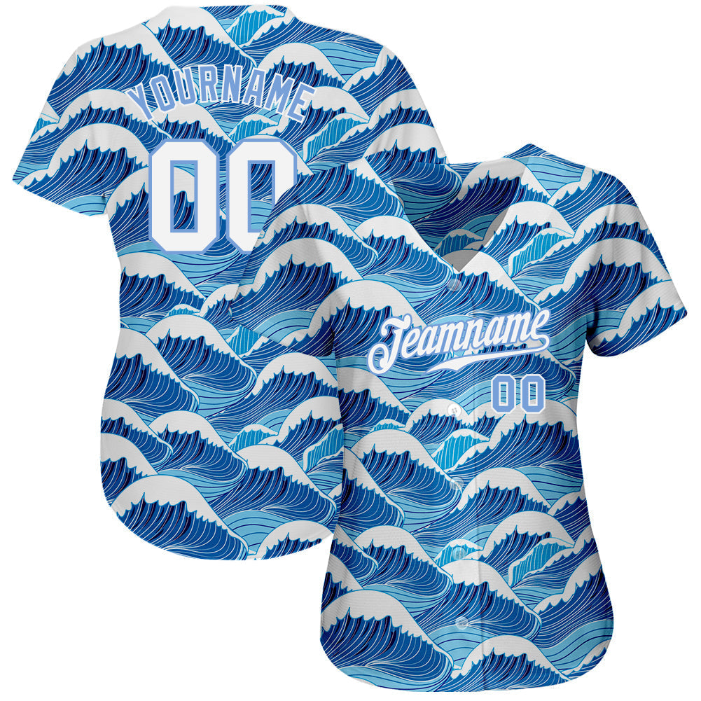 Custom Light Blue White-Light Blue 3D Pattern Design Waves Authentic Baseball Jersey baseball jersey product view 2