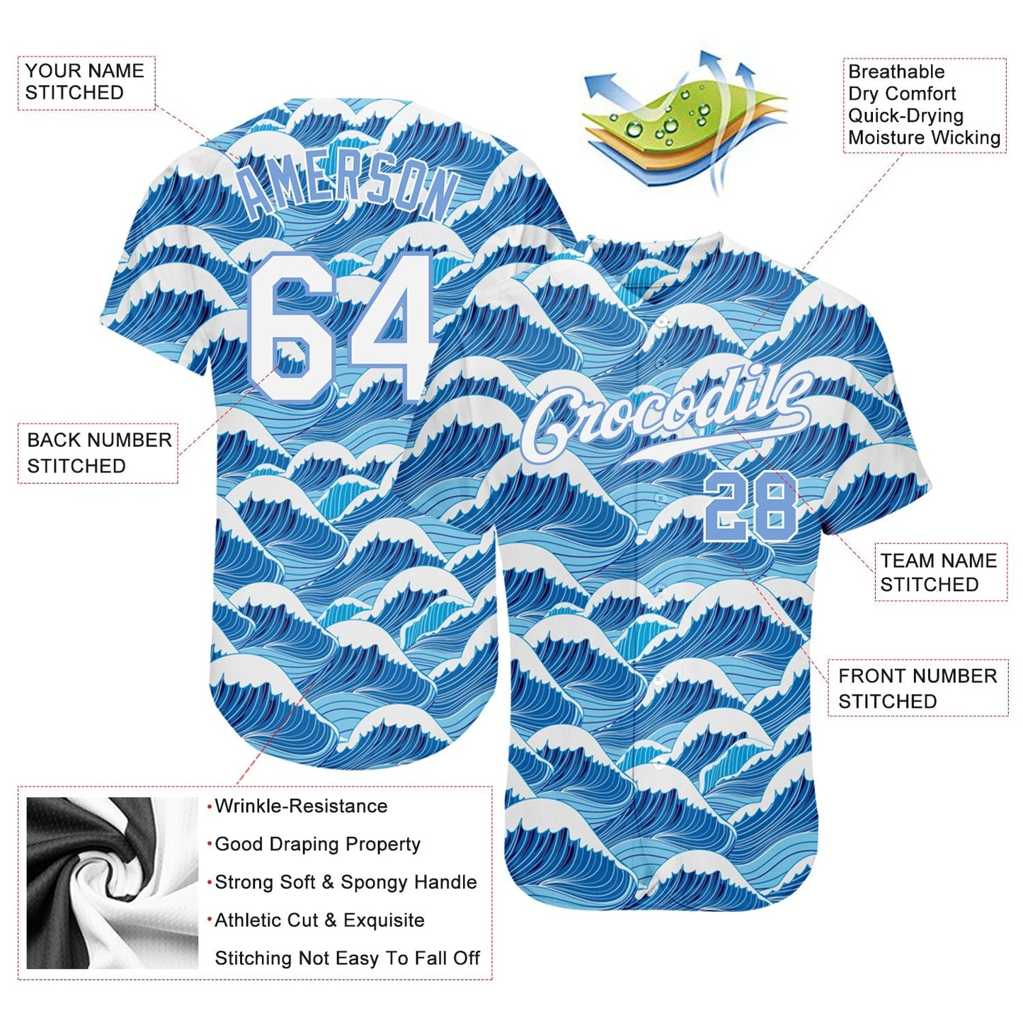 Custom Light Blue White-Light Blue 3D Pattern Design Waves Authentic Baseball Jersey baseball jersey product view 3