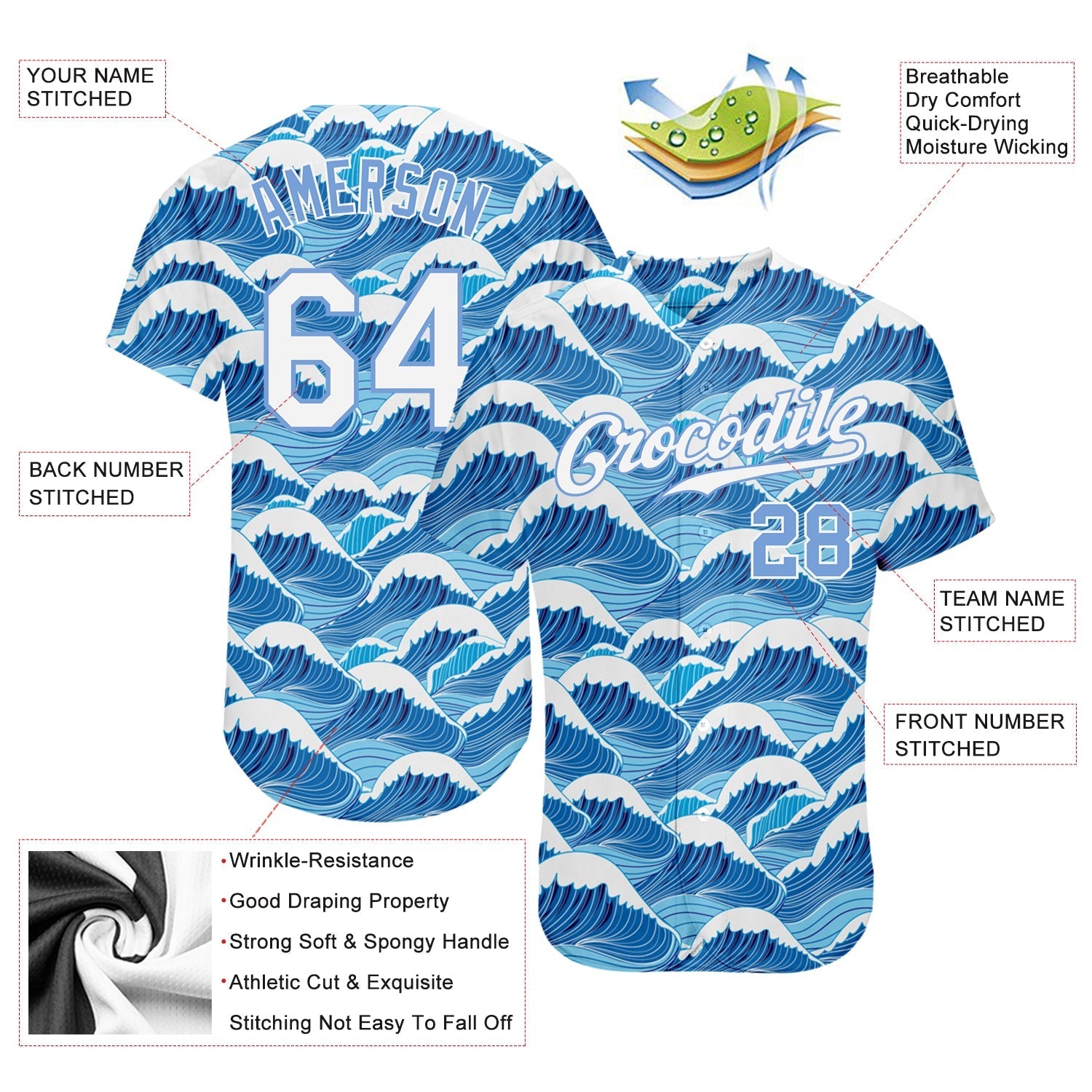 Custom Light Blue White-Light Blue 3D Pattern Design Waves Authentic Baseball Jersey baseball jersey product view 3