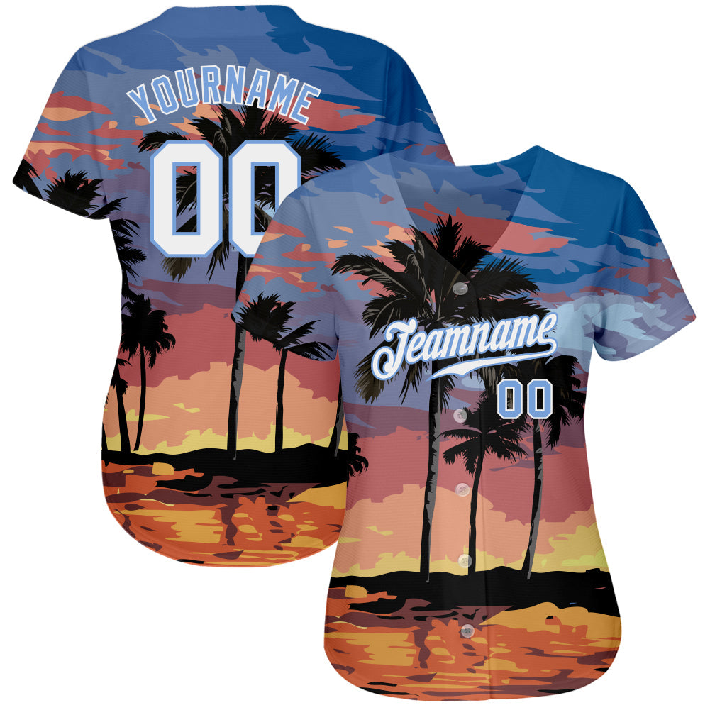Custom Light Blue White-Light Blue 3D Pattern Design Palm Trees Authentic Baseball Jersey baseball jersey product view 3