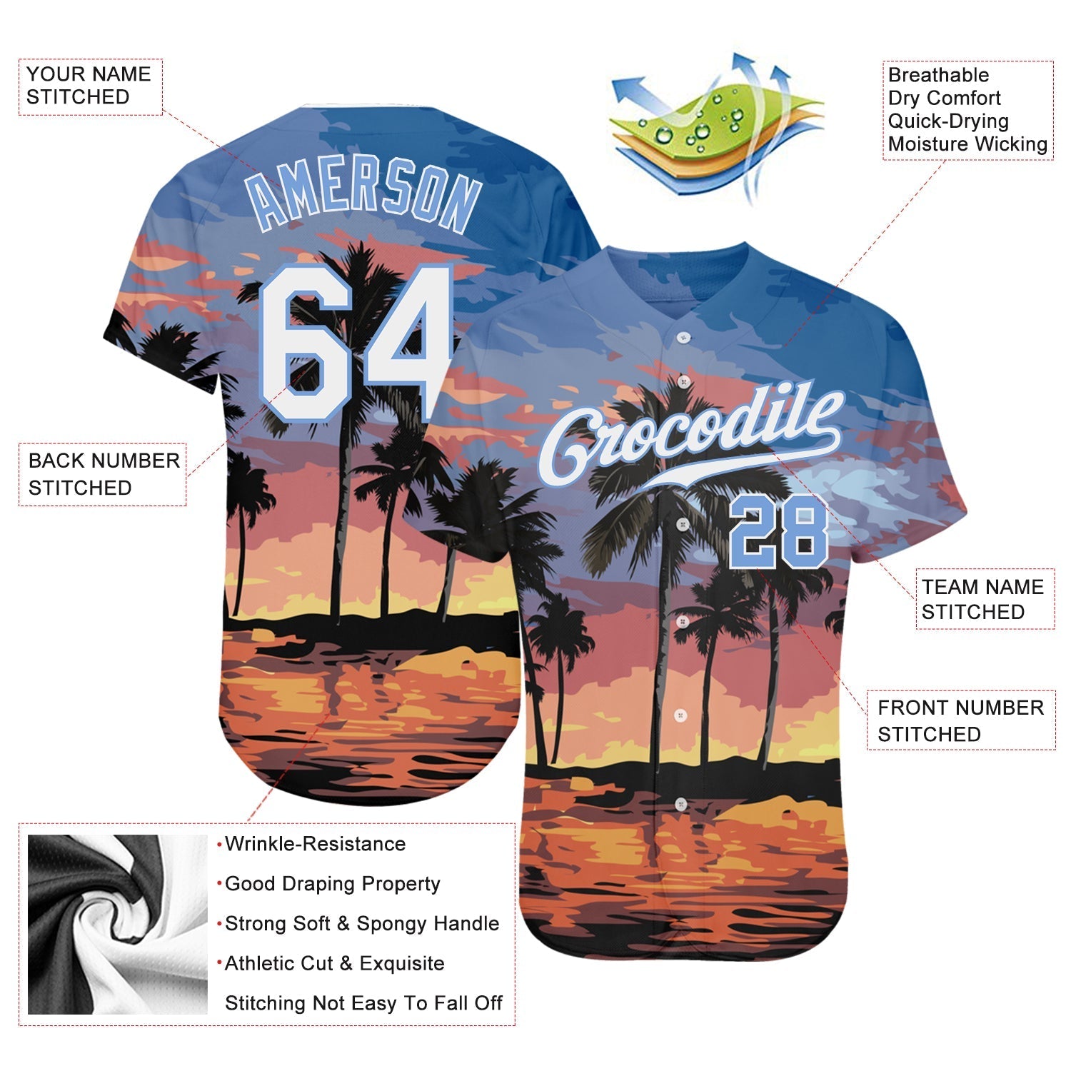 Custom Light Blue White-Light Blue 3D Pattern Design Palm Trees Authentic Baseball Jersey baseball jersey product view 4