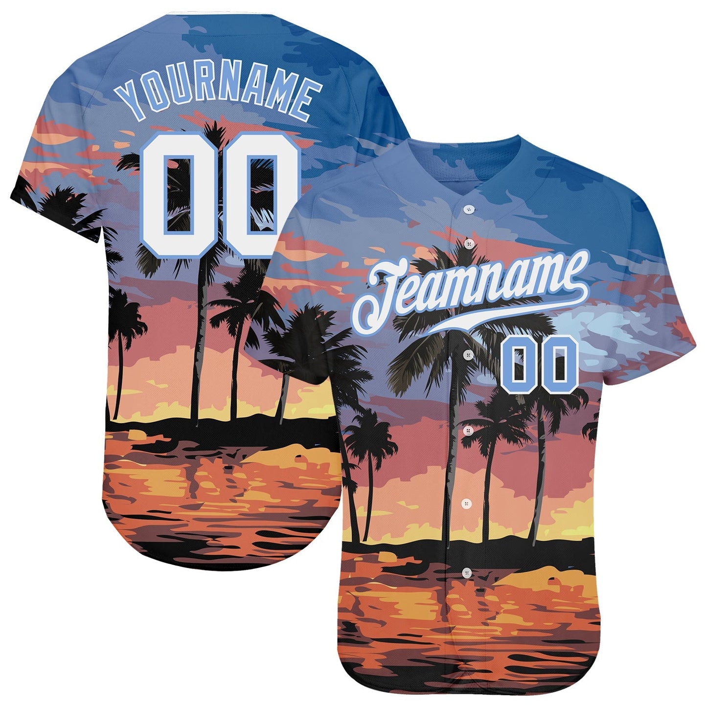 Custom Light Blue White-Light Blue 3D Pattern Design Palm Trees Authentic Baseball Jersey baseball jersey product view 1