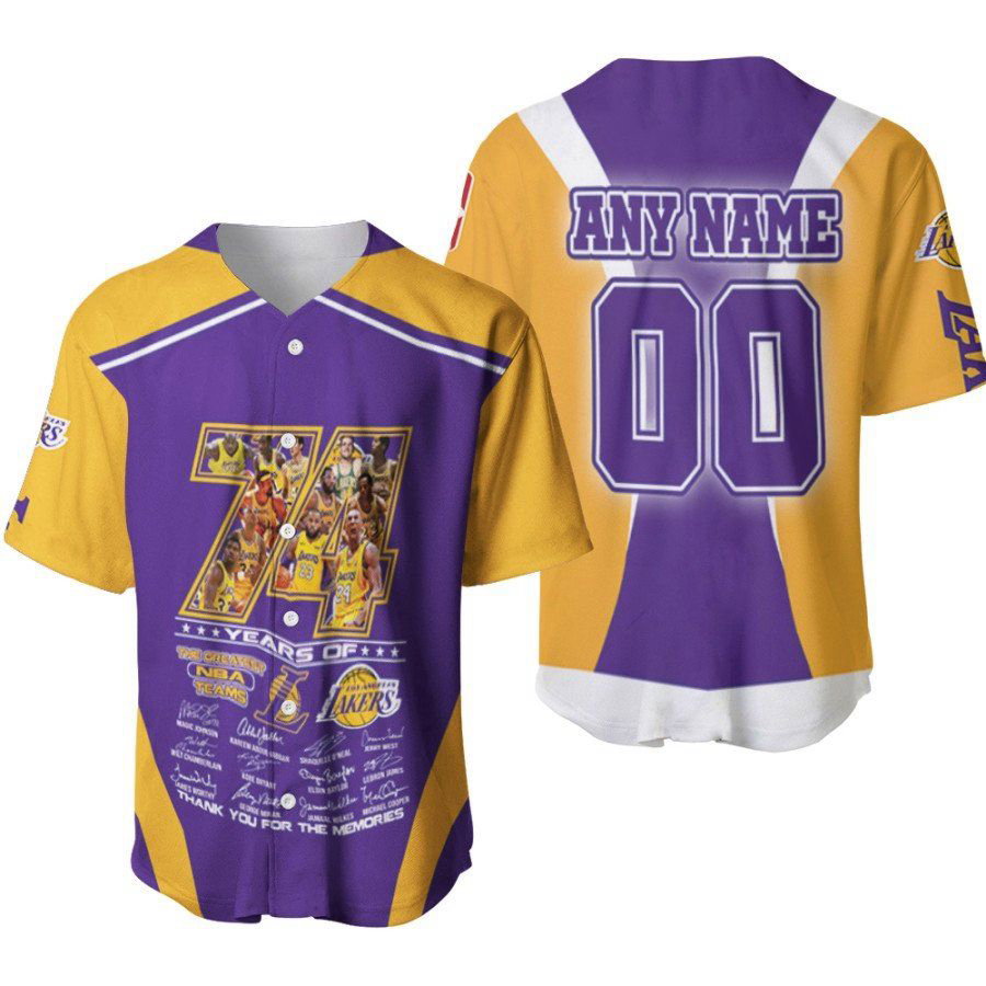 Los Angeles Lakers 74 Years Of Lakers The Greatest Teams Signatures Designed Allover Gift With Custom Name Number For Lakers Fans Baseball Jersey Gifts for Fans - lylyprint.com baseball jersey product view 2