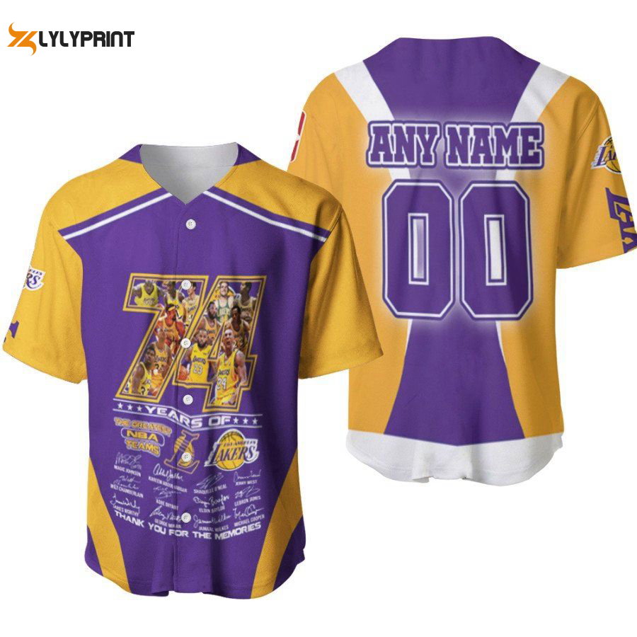 Los Angeles Lakers 74 Years Of Lakers The Greatest Teams Signatures Designed Allover Gift With Custom Name Number For Lakers Fans Baseball Jersey Gifts for Fans - lylyprint.com baseball jersey product view 1