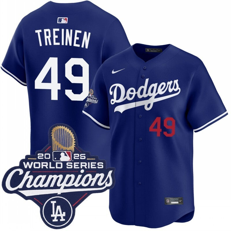 los angeles dodgers #49 blake treinen alternate royal limited 2025 world series champions jersey baseball jersey product view 1