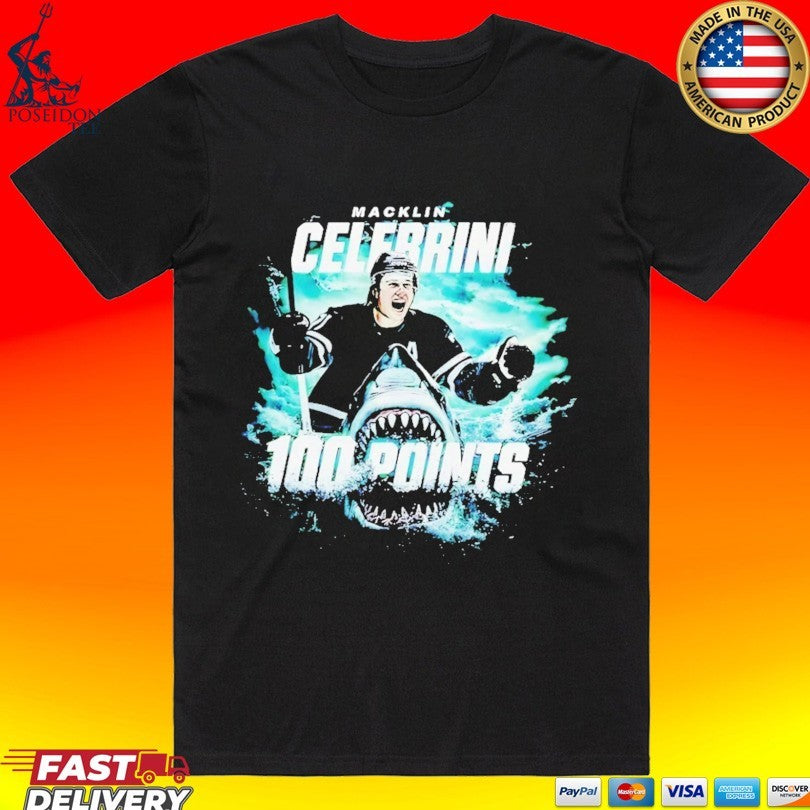 Macklin Celebrini San Jose Sharks 100 Points T-shirt Unisex T-shirt, Sweatshirt, Hoodie, Long Sleeve Tee - T-Shirt, Sweatshirt, Hoodie
