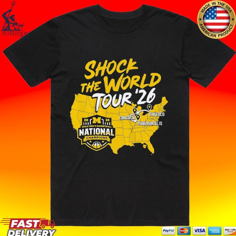 Michigan Wolverines Mbb 2026 National Champions Shock The World Tour T-shirt Unisex T-shirt, Sweatshirt, Hoodie, Long Sleeve Tee - T-Shirt, Sweatshirt, Hoodie