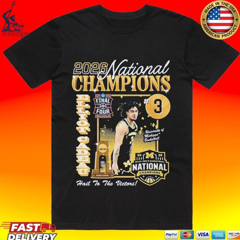 Michigan Wolverines Mens Basketball Campus Ink 2026 National Champion #3 Elliot Cadeau T-shirt - T-Shirt, Sweatshirt, Hoodie