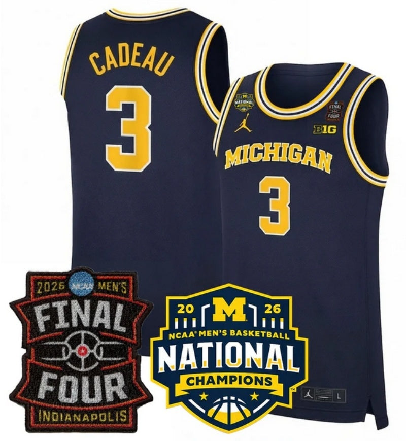 michigan wolverines #3 elliot cadeau navy 2025 26 final four & national champions Soccer Jersey sports jersey product view 1