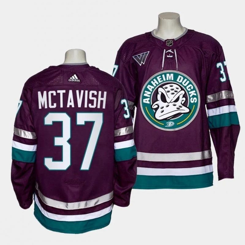 mighty ducks #37 mason mctavish 2023-24 30th anniversary alternate authentic purple jersey men's sports jersey product view 1