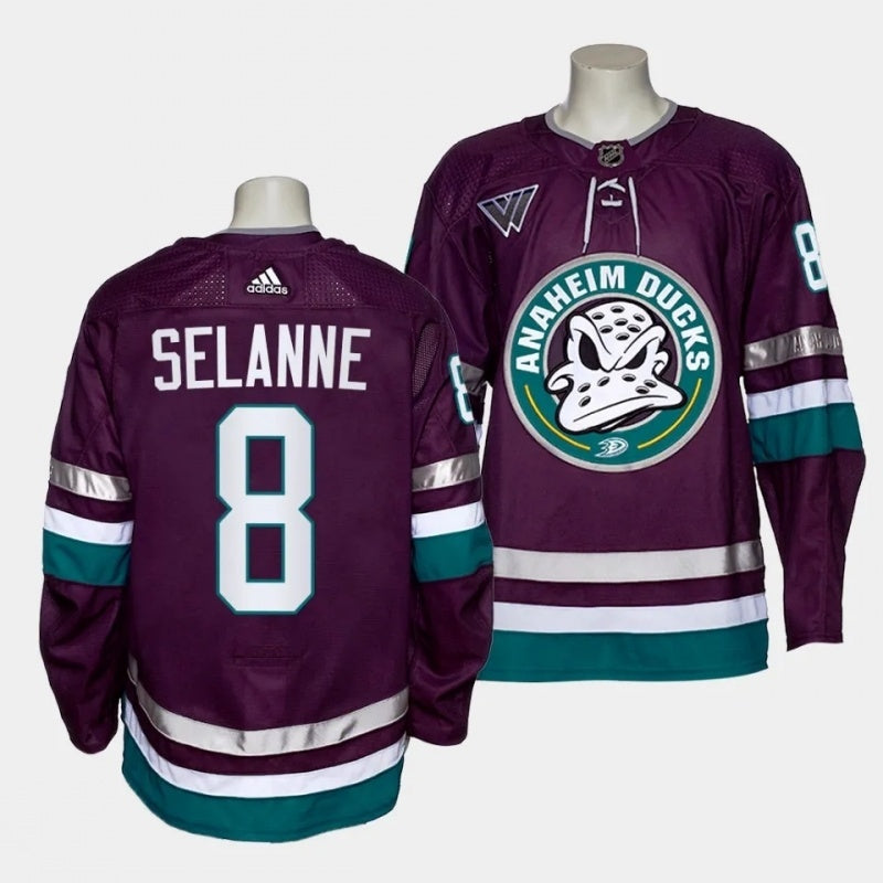 mighty ducks #8 teemu selanne 2023-24 30th anniversary alternate authentic purple jersey men's sports jersey product view 1