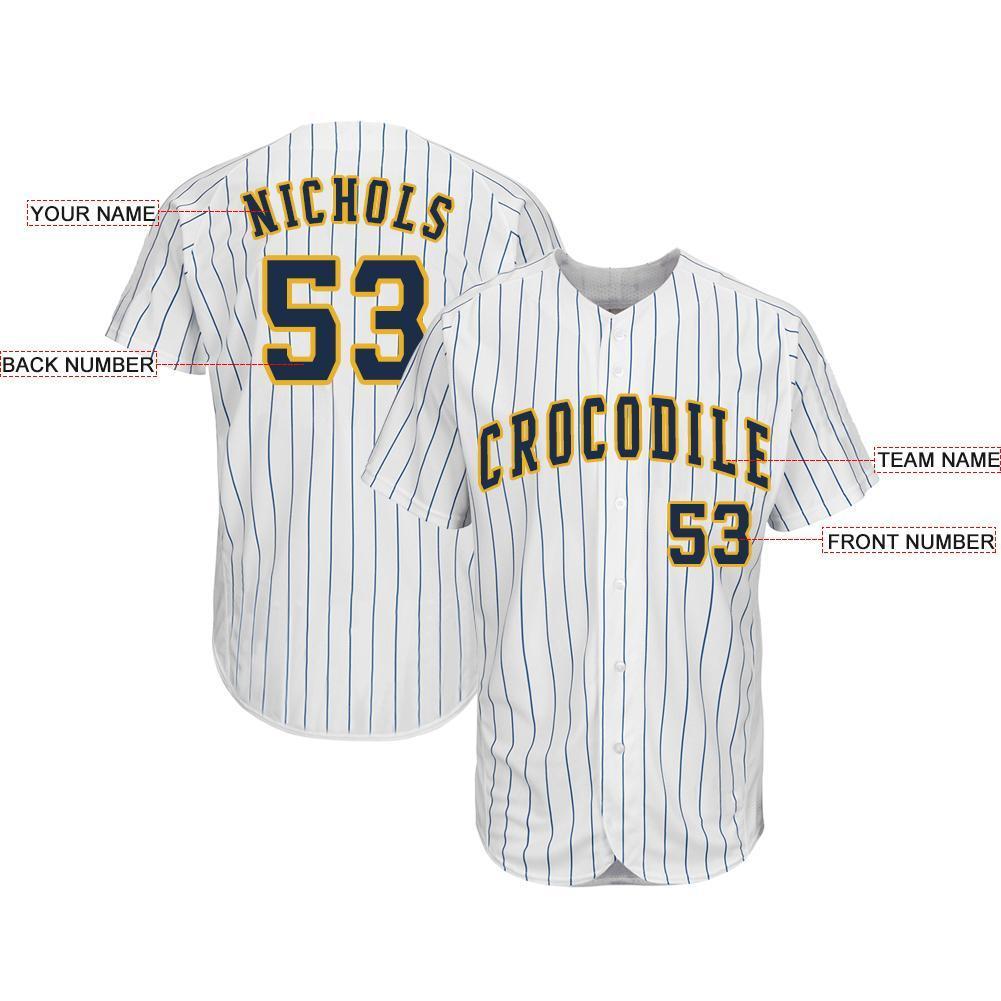 Custom White Royal Pinstripe Navy-Gold Baseball Jersey baseball jersey product view 3