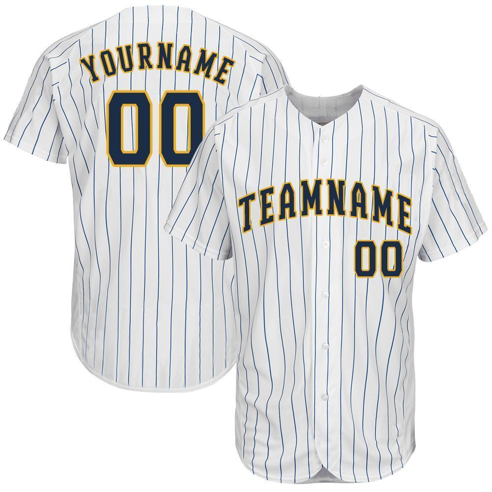 Custom White Royal Pinstripe Navy-Gold Baseball Jersey baseball jersey product view 1