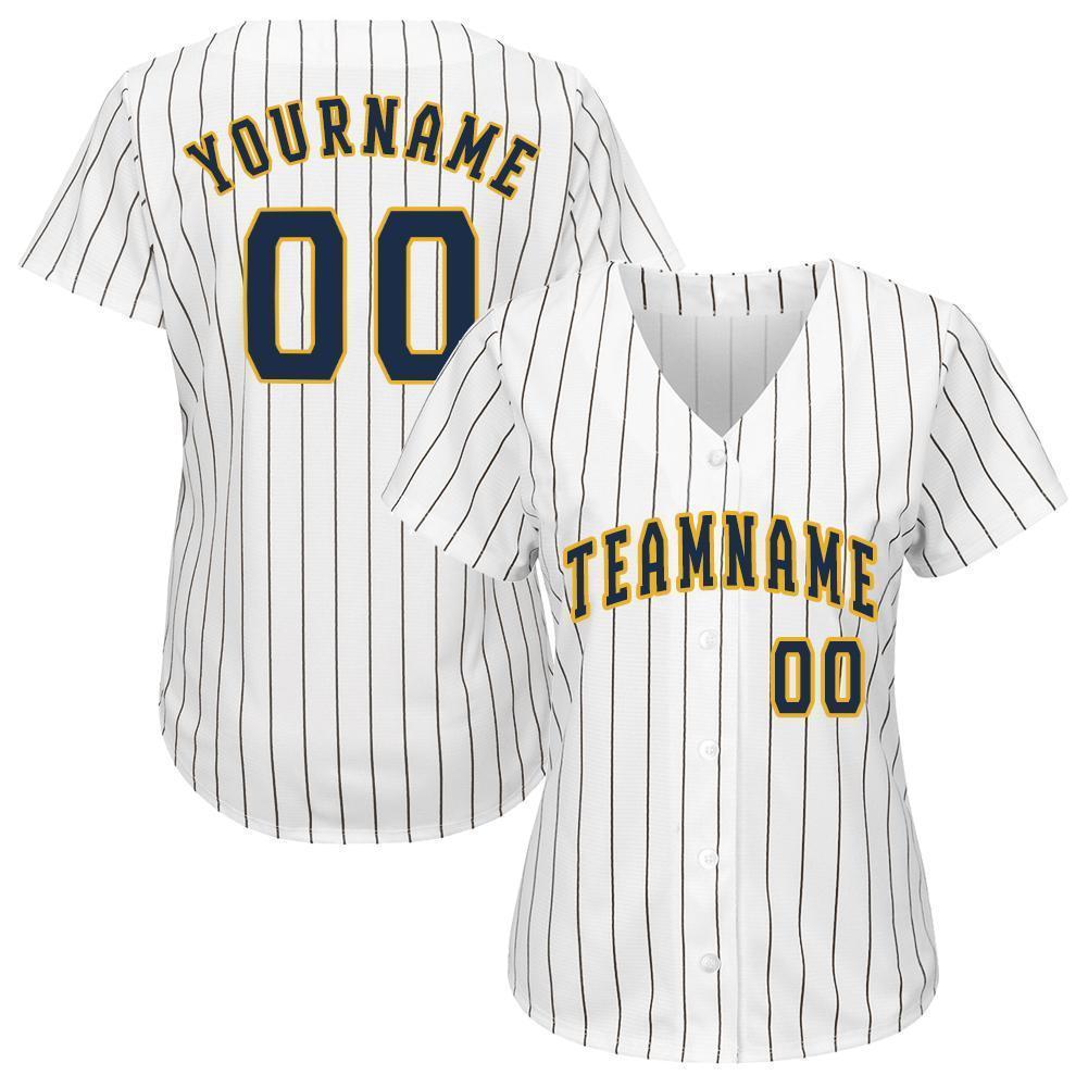 Custom White Royal Pinstripe Navy-Gold Baseball Jersey baseball jersey product view 2