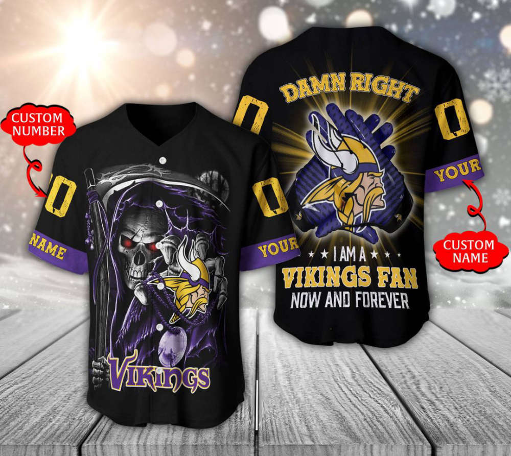 Minnesota Vikings Baseball Jersey Personalized Skull Damn Right Gift For Men Women - lylyprint.com baseball jersey product view 2