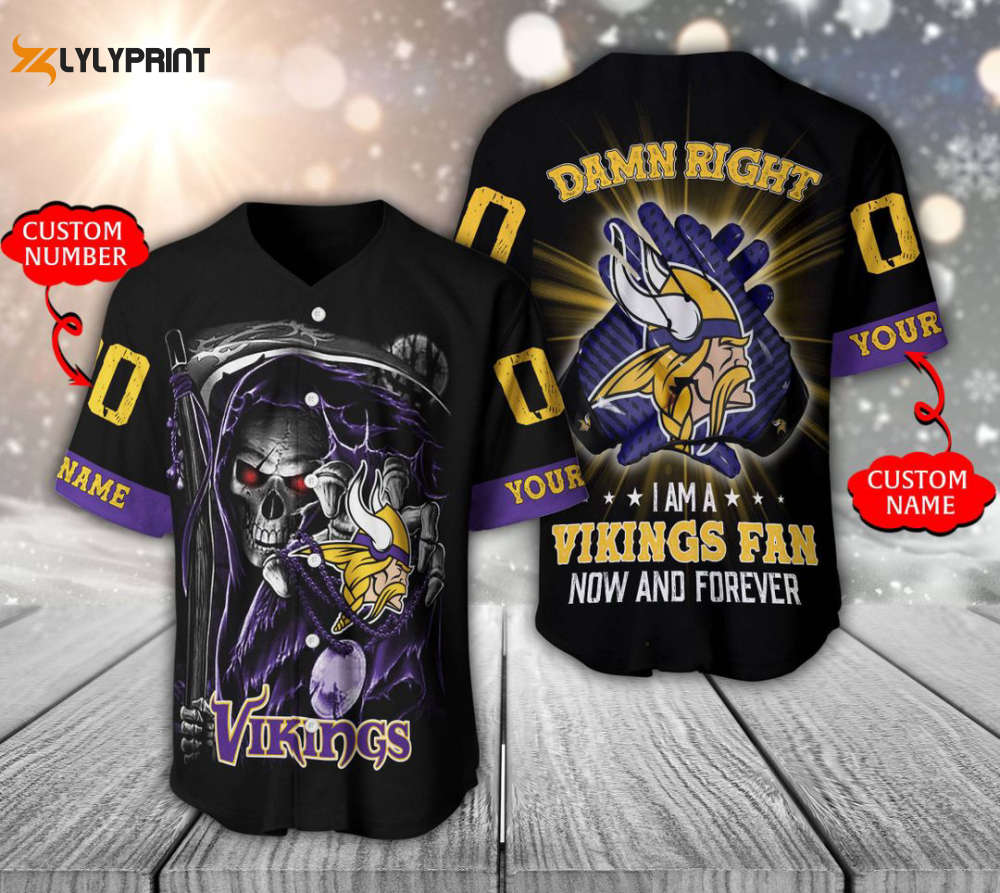 Minnesota Vikings Baseball Jersey Personalized Skull Damn Right Gift For Men Women - lylyprint.com baseball jersey product view 1