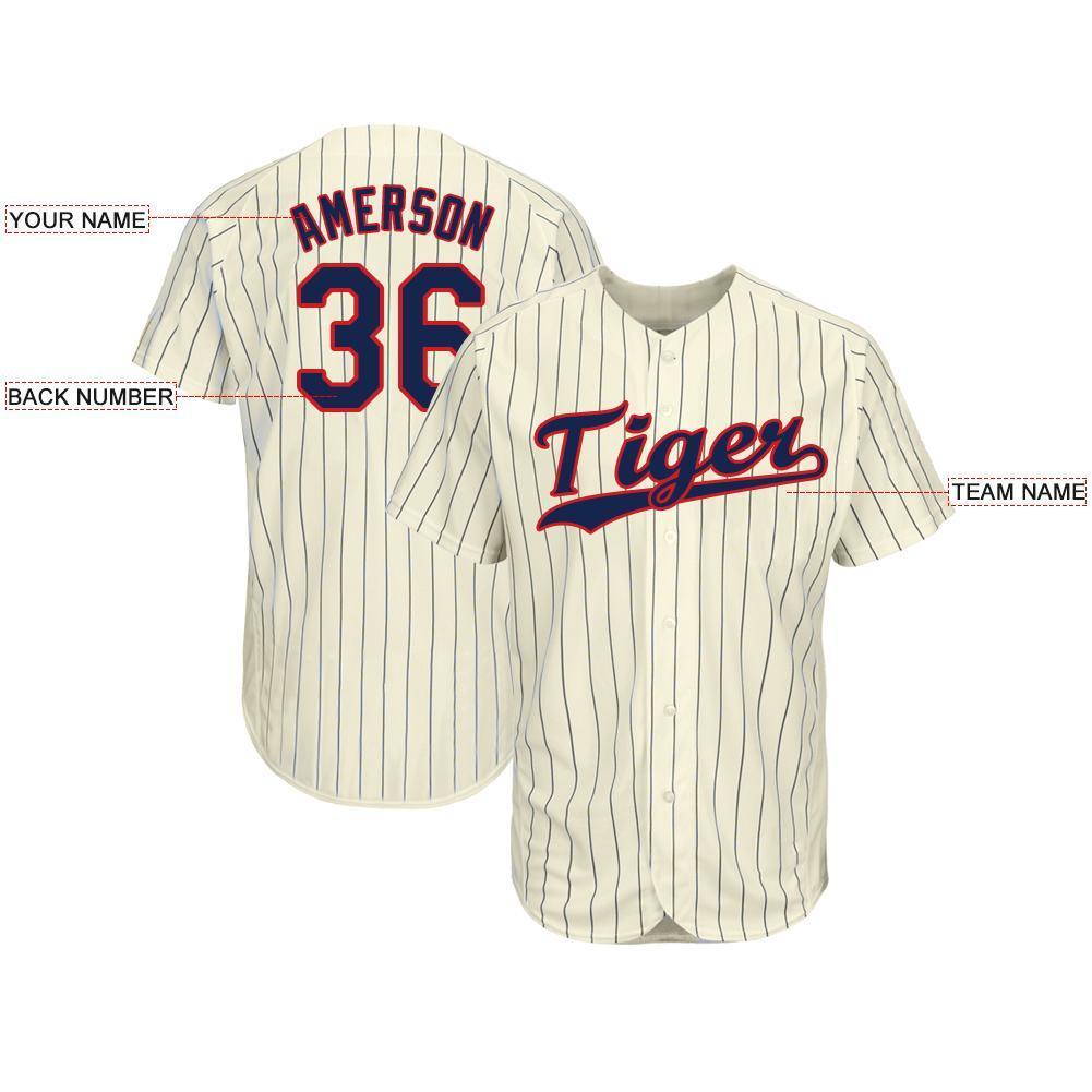 Custom Cream Navy Pinstripe Navy-Red Baseball Jersey baseball jersey product view 4