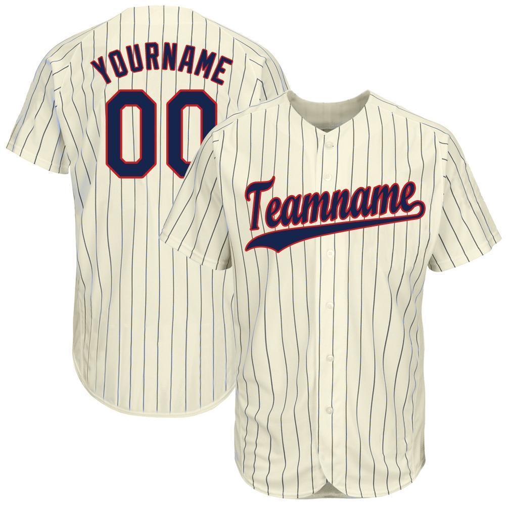 Custom Cream Navy Pinstripe Navy-Red Baseball Jersey baseball jersey product view 1