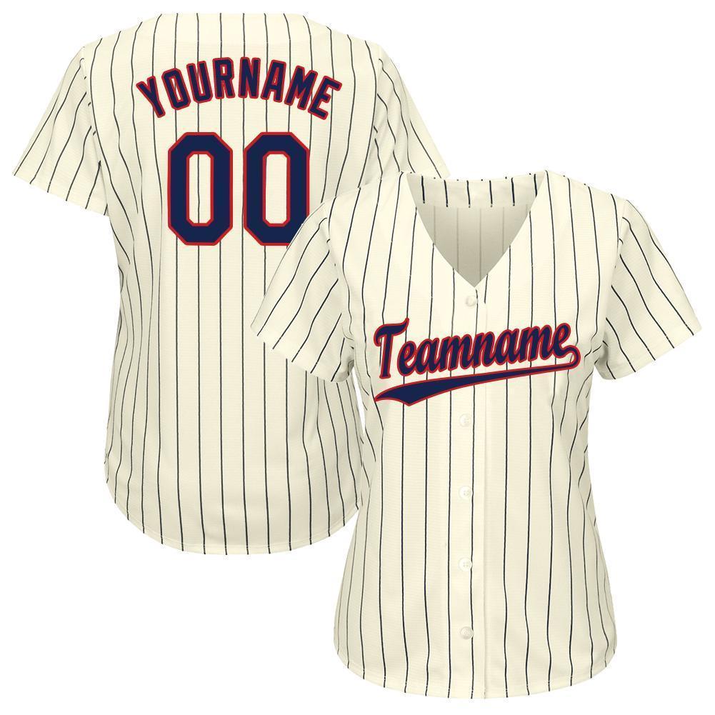 Custom Cream Navy Pinstripe Navy-Red Baseball Jersey baseball jersey product view 3