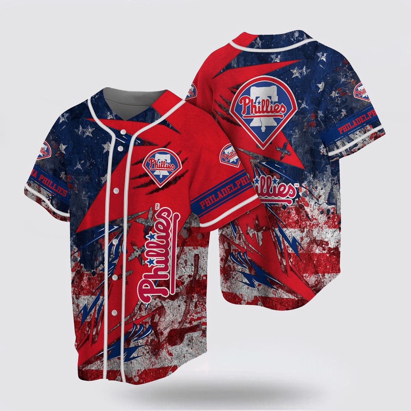 Show Your Fan Spirit with MLB Phillies US Flag Baseball Jersey - Perfect for Philadelphia Baseball Fans! - Gift for Men Women - lylyprint.com baseball jersey product view 2