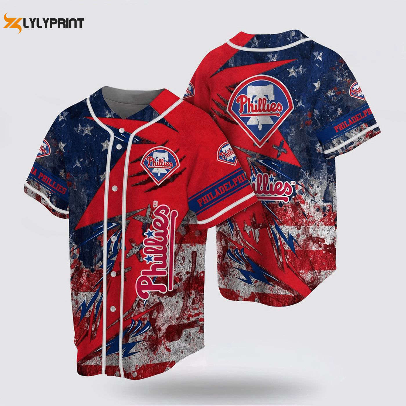 Show Your Fan Spirit with MLB Phillies US Flag Baseball Jersey - Perfect for Philadelphia Baseball Fans! - Gift for Men Women - lylyprint.com baseball jersey product view 1