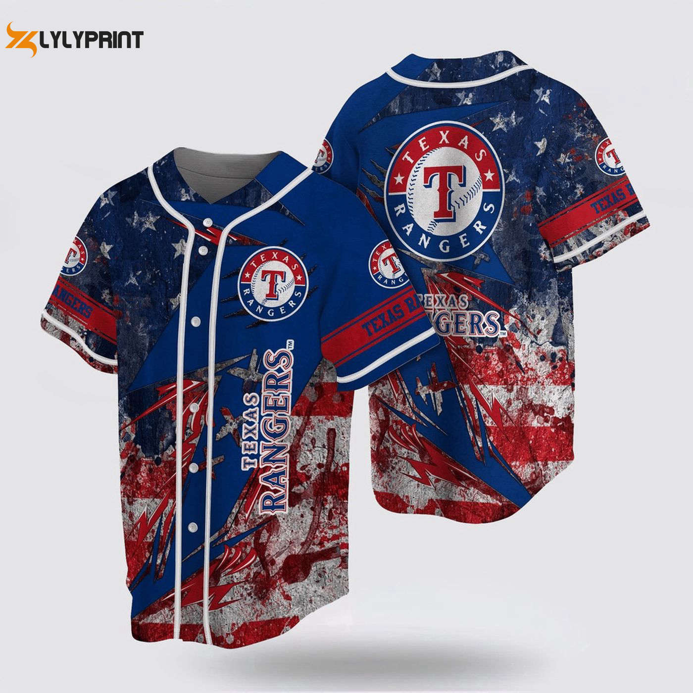 Show Your Patriotism with MLB Texas Rangers Baseball Jersey - US Flag Design for True Fans! - Gift for Men Women - lylyprint.com baseball jersey product view 1