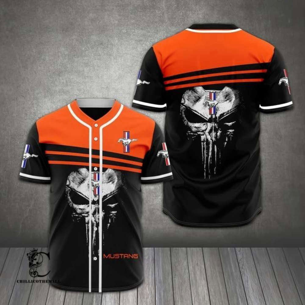Mustang Skull Orange Black Baseball Jersey - Aopprinter baseball jersey product view 2